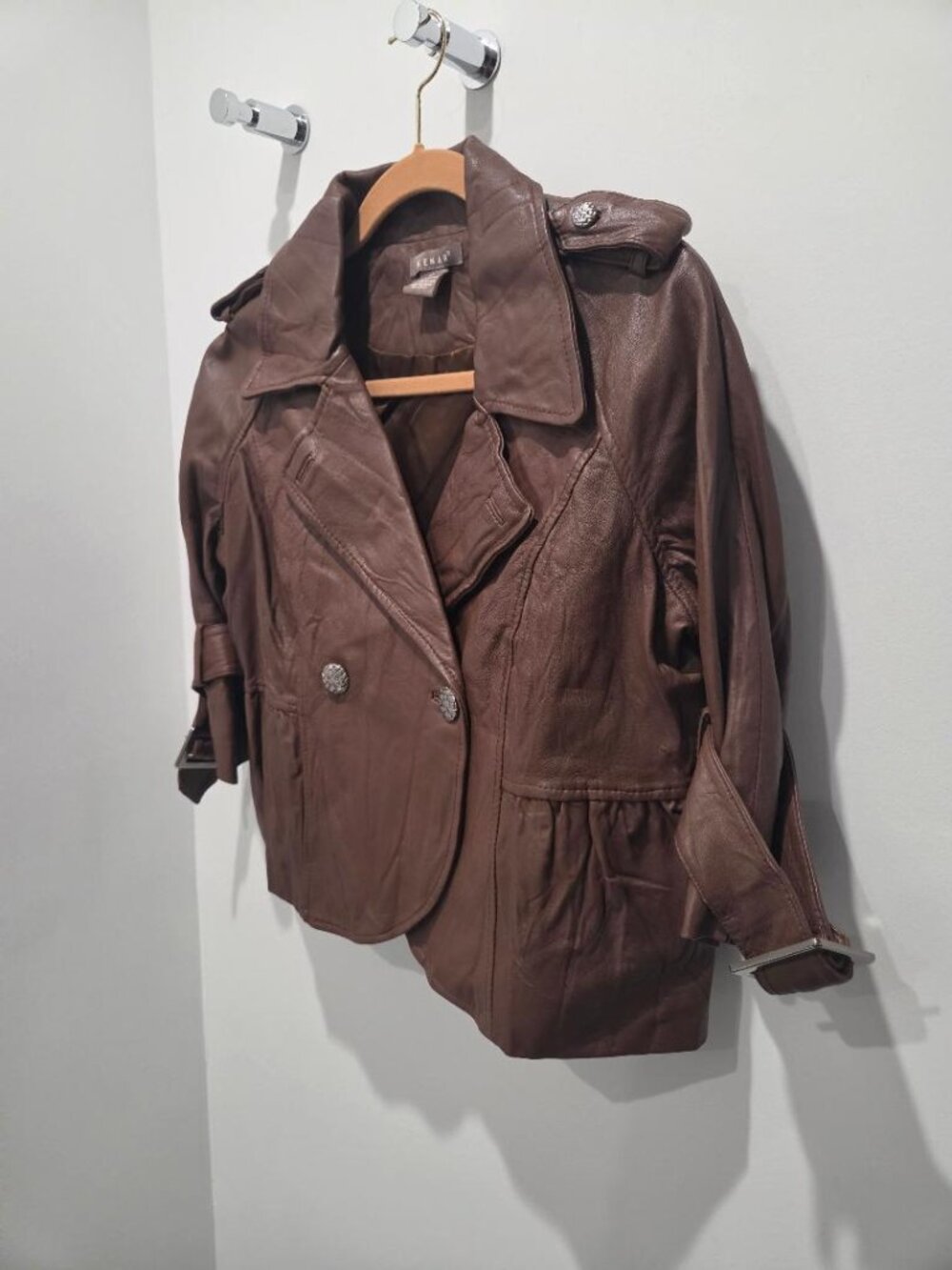 Kenar Brown Leather Cropped Double Breasted 3/4 Belted Sleeve Jacket  12